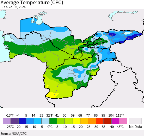 Central Asia Average Temperature (CPC) Thematic Map For 1/22/2024 - 1/28/2024