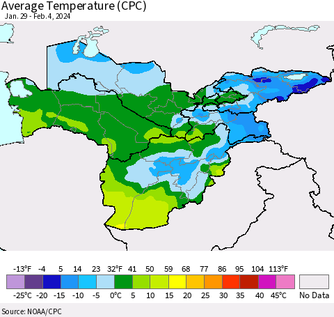 Central Asia Average Temperature (CPC) Thematic Map For 1/29/2024 - 2/4/2024