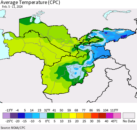 Central Asia Average Temperature (CPC) Thematic Map For 2/5/2024 - 2/11/2024
