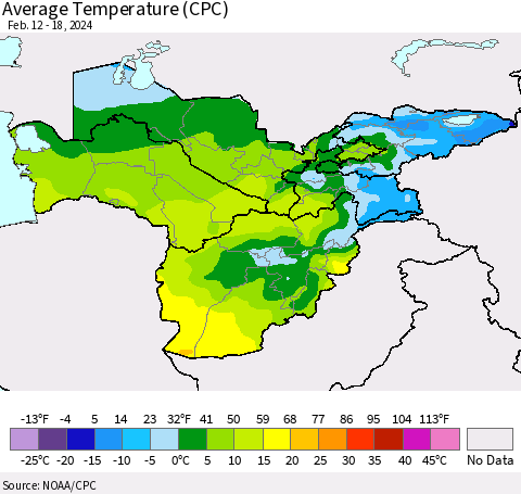 Central Asia Average Temperature (CPC) Thematic Map For 2/12/2024 - 2/18/2024