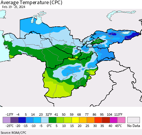 Central Asia Average Temperature (CPC) Thematic Map For 2/19/2024 - 2/25/2024