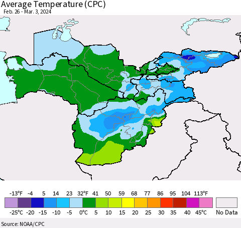 Central Asia Average Temperature (CPC) Thematic Map For 2/26/2024 - 3/3/2024