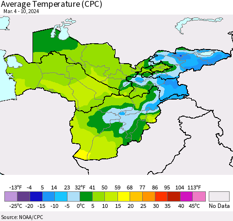 Central Asia Average Temperature (CPC) Thematic Map For 3/4/2024 - 3/10/2024
