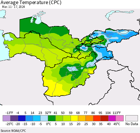 Central Asia Average Temperature (CPC) Thematic Map For 3/11/2024 - 3/17/2024