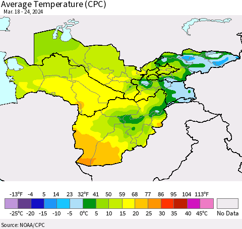 Central Asia Average Temperature (CPC) Thematic Map For 3/18/2024 - 3/24/2024