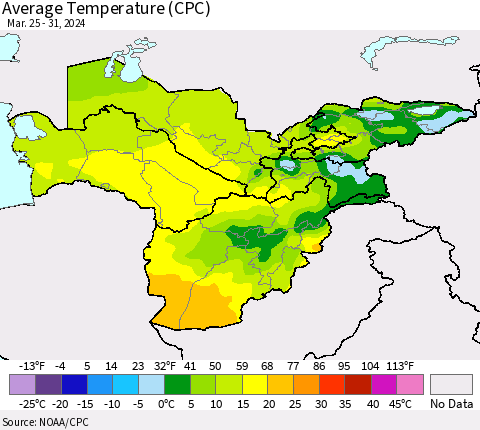 Central Asia Average Temperature (CPC) Thematic Map For 3/25/2024 - 3/31/2024