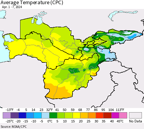 Central Asia Average Temperature (CPC) Thematic Map For 4/1/2024 - 4/7/2024
