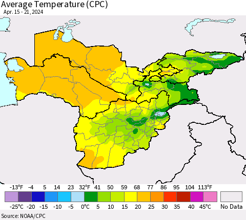Central Asia Average Temperature (CPC) Thematic Map For 4/15/2024 - 4/21/2024