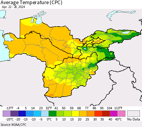 Central Asia Average Temperature (CPC) Thematic Map For 4/22/2024 - 4/28/2024