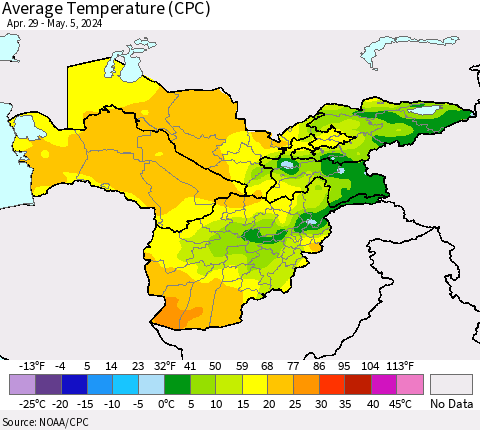 Central Asia Average Temperature (CPC) Thematic Map For 4/29/2024 - 5/5/2024
