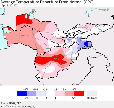 Central Asia Average Temperature Departure from Normal (CPC) Thematic Map For 4/5/2021 - 4/11/2021