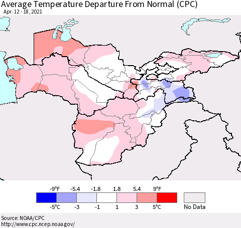Central Asia Average Temperature Departure from Normal (CPC) Thematic Map For 4/12/2021 - 4/18/2021