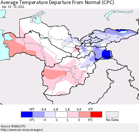 Central Asia Average Temperature Departure from Normal (CPC) Thematic Map For 4/19/2021 - 4/25/2021