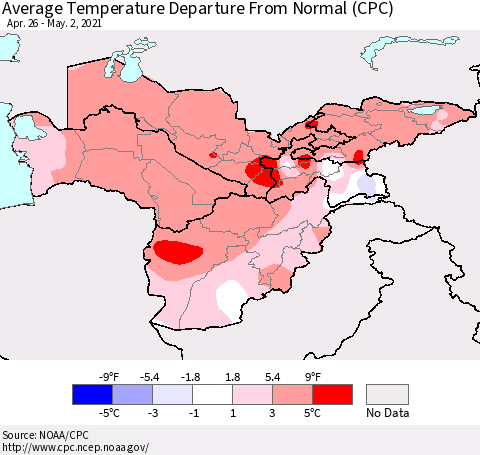 Central Asia Average Temperature Departure from Normal (CPC) Thematic Map For 4/26/2021 - 5/2/2021