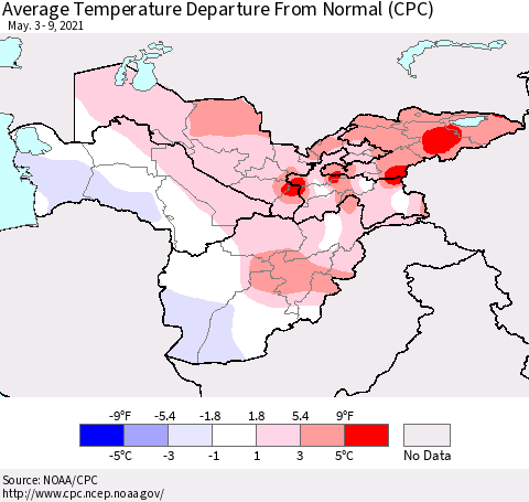 Central Asia Average Temperature Departure from Normal (CPC) Thematic Map For 5/3/2021 - 5/9/2021