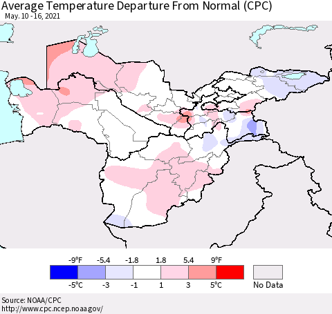 Central Asia Average Temperature Departure from Normal (CPC) Thematic Map For 5/10/2021 - 5/16/2021
