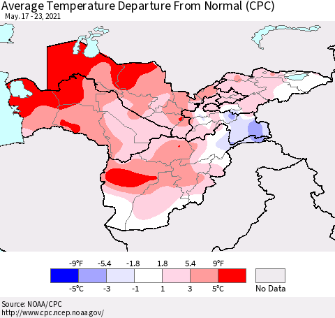 Central Asia Average Temperature Departure from Normal (CPC) Thematic Map For 5/17/2021 - 5/23/2021
