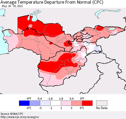 Central Asia Average Temperature Departure from Normal (CPC) Thematic Map For 5/24/2021 - 5/30/2021