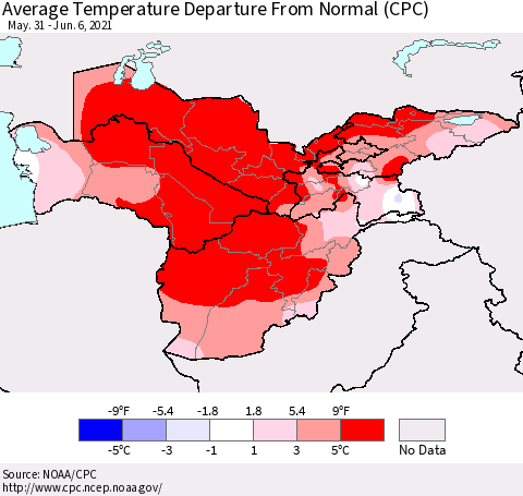 Central Asia Average Temperature Departure from Normal (CPC) Thematic Map For 5/31/2021 - 6/6/2021