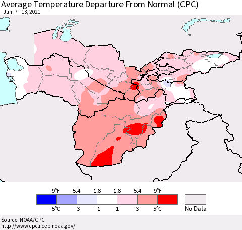Central Asia Average Temperature Departure from Normal (CPC) Thematic Map For 6/7/2021 - 6/13/2021