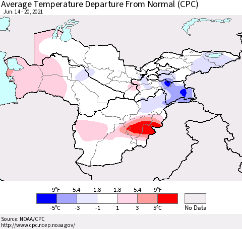 Central Asia Average Temperature Departure from Normal (CPC) Thematic Map For 6/14/2021 - 6/20/2021
