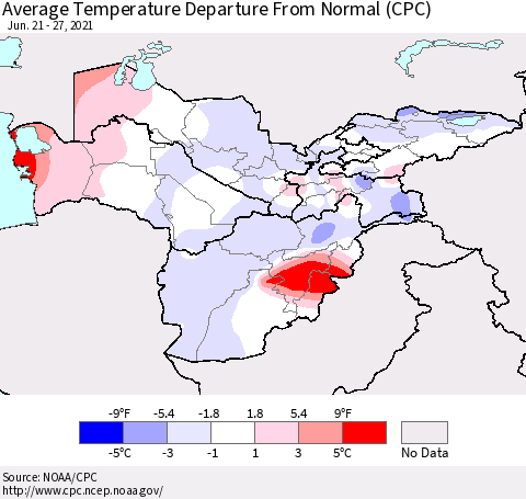 Central Asia Average Temperature Departure from Normal (CPC) Thematic Map For 6/21/2021 - 6/27/2021