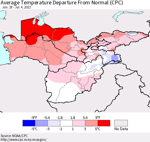Central Asia Average Temperature Departure from Normal (CPC) Thematic Map For 6/28/2021 - 7/4/2021