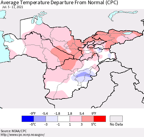 Central Asia Average Temperature Departure from Normal (CPC) Thematic Map For 7/5/2021 - 7/11/2021