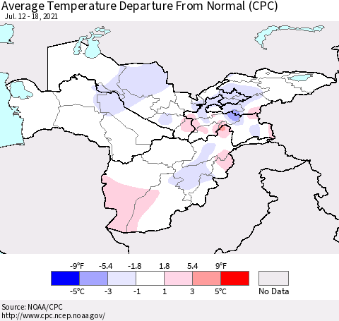 Central Asia Average Temperature Departure from Normal (CPC) Thematic Map For 7/12/2021 - 7/18/2021