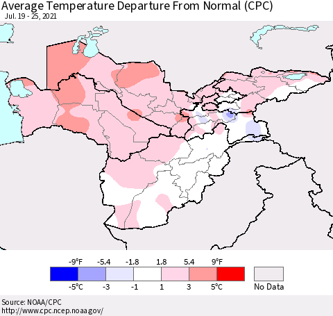 Central Asia Average Temperature Departure from Normal (CPC) Thematic Map For 7/19/2021 - 7/25/2021