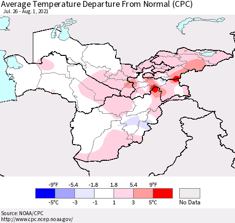 Central Asia Average Temperature Departure from Normal (CPC) Thematic Map For 7/26/2021 - 8/1/2021