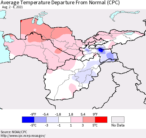 Central Asia Average Temperature Departure from Normal (CPC) Thematic Map For 8/2/2021 - 8/8/2021