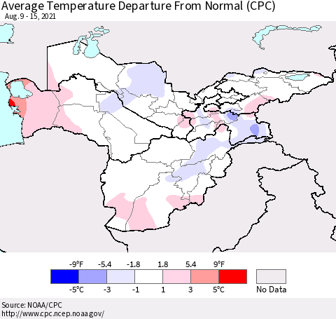 Central Asia Average Temperature Departure from Normal (CPC) Thematic Map For 8/9/2021 - 8/15/2021