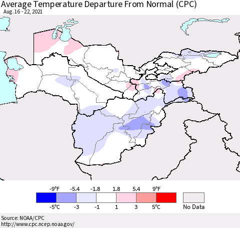 Central Asia Average Temperature Departure from Normal (CPC) Thematic Map For 8/16/2021 - 8/22/2021