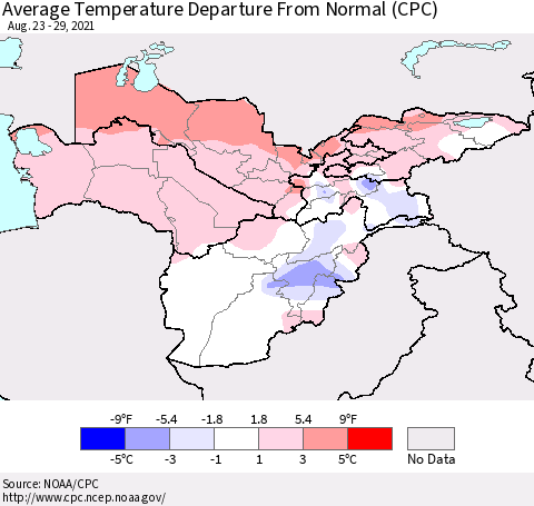 Central Asia Average Temperature Departure from Normal (CPC) Thematic Map For 8/23/2021 - 8/29/2021