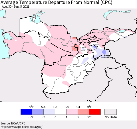 Central Asia Average Temperature Departure from Normal (CPC) Thematic Map For 8/30/2021 - 9/5/2021