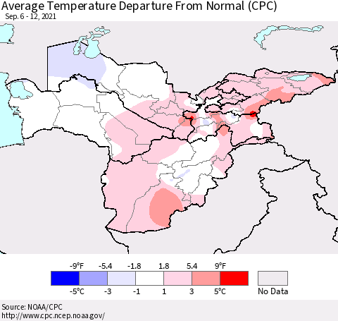 Central Asia Average Temperature Departure from Normal (CPC) Thematic Map For 9/6/2021 - 9/12/2021