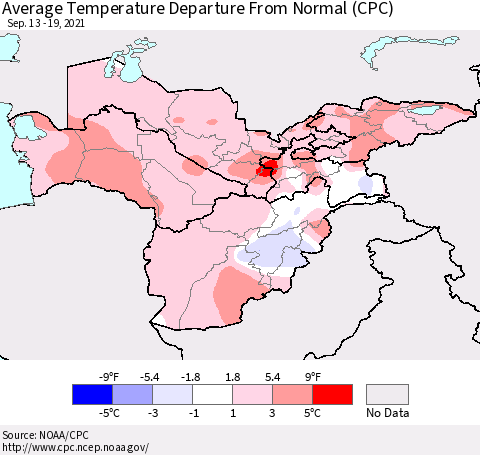 Central Asia Average Temperature Departure from Normal (CPC) Thematic Map For 9/13/2021 - 9/19/2021
