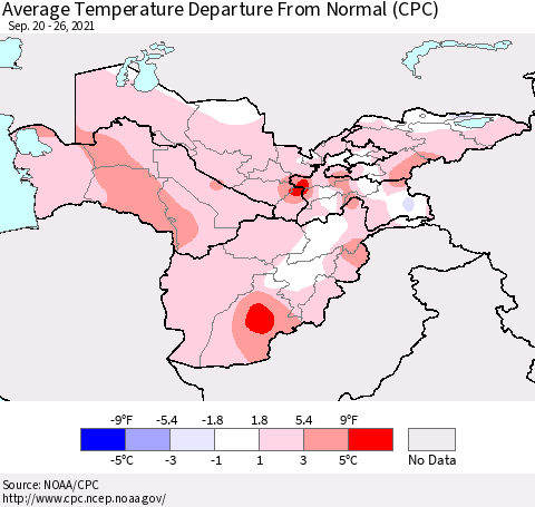 Central Asia Average Temperature Departure from Normal (CPC) Thematic Map For 9/20/2021 - 9/26/2021