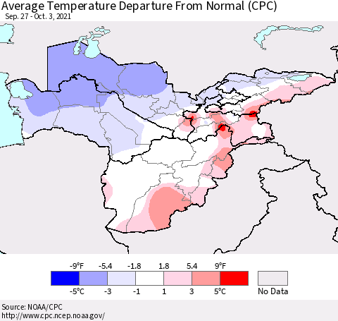 Central Asia Average Temperature Departure from Normal (CPC) Thematic Map For 9/27/2021 - 10/3/2021