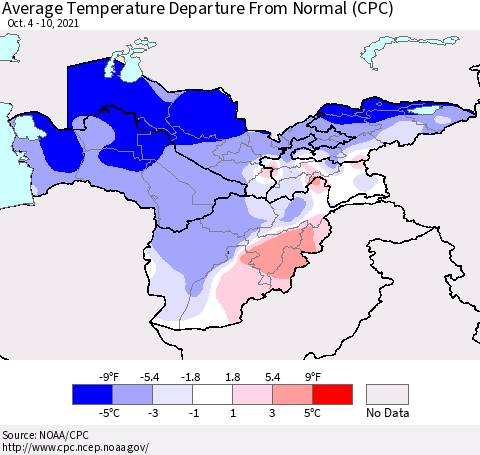 Central Asia Average Temperature Departure from Normal (CPC) Thematic Map For 10/4/2021 - 10/10/2021