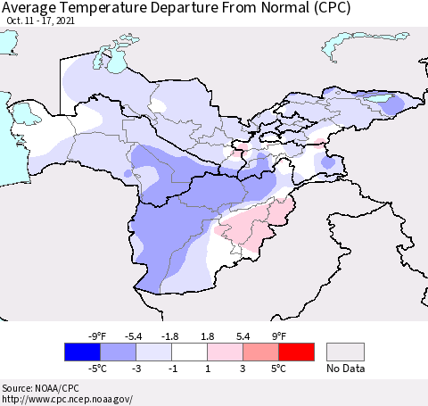 Central Asia Average Temperature Departure from Normal (CPC) Thematic Map For 10/11/2021 - 10/17/2021