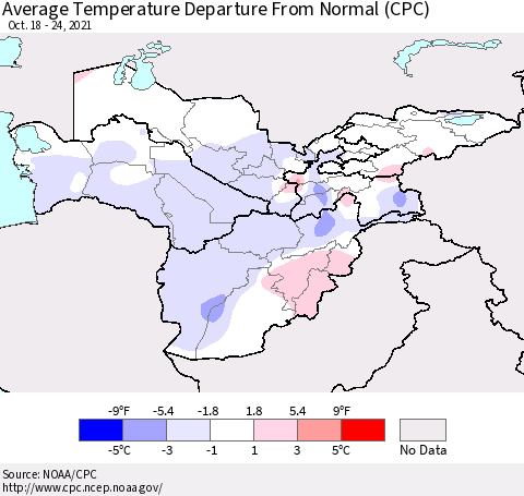 Central Asia Average Temperature Departure from Normal (CPC) Thematic Map For 10/18/2021 - 10/24/2021