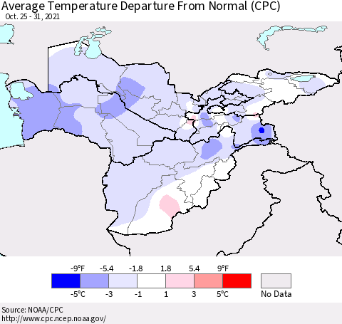 Central Asia Average Temperature Departure from Normal (CPC) Thematic Map For 10/25/2021 - 10/31/2021