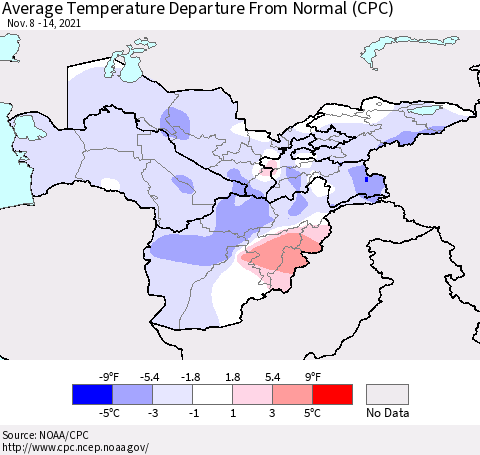 Central Asia Average Temperature Departure from Normal (CPC) Thematic Map For 11/8/2021 - 11/14/2021