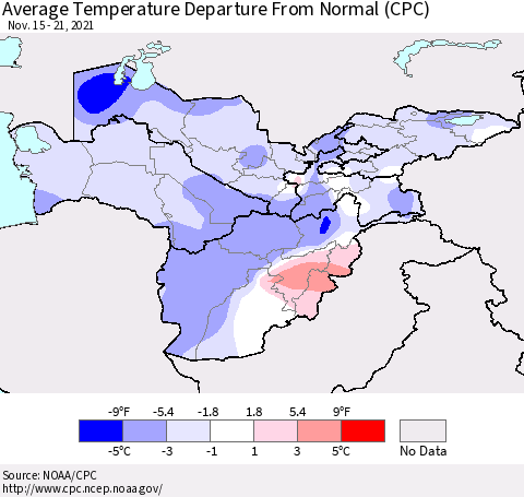 Central Asia Average Temperature Departure from Normal (CPC) Thematic Map For 11/15/2021 - 11/21/2021