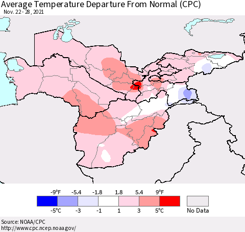 Central Asia Average Temperature Departure from Normal (CPC) Thematic Map For 11/22/2021 - 11/28/2021