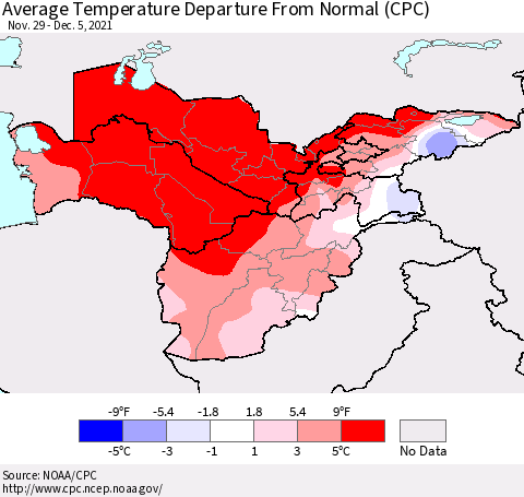 Central Asia Average Temperature Departure from Normal (CPC) Thematic Map For 11/29/2021 - 12/5/2021