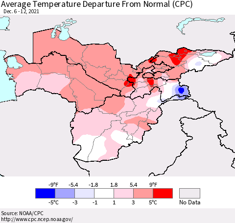 Central Asia Average Temperature Departure from Normal (CPC) Thematic Map For 12/6/2021 - 12/12/2021