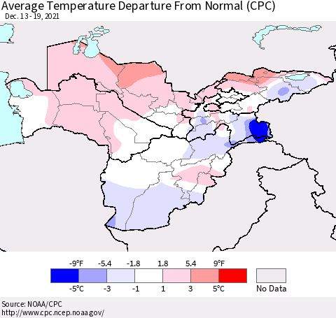Central Asia Average Temperature Departure from Normal (CPC) Thematic Map For 12/13/2021 - 12/19/2021